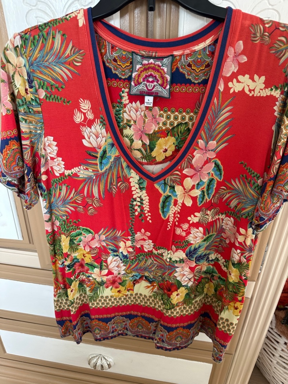 Johnny Was Red Tropical Floral Short Sleeve V-Neck Tee
